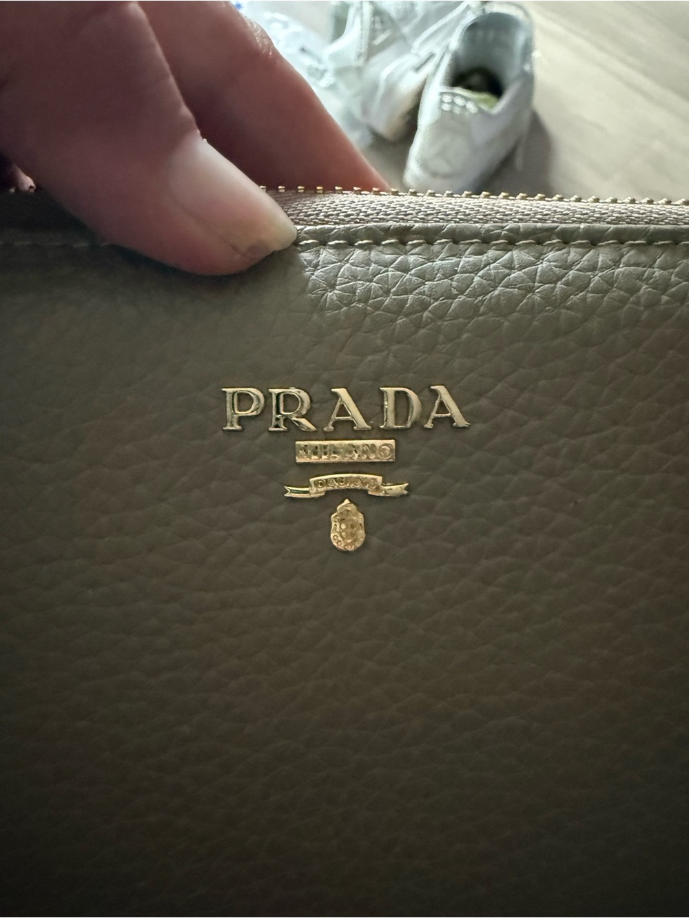 Prada Olive Green Pebbled Leather Zip Pouch with Gold Logo